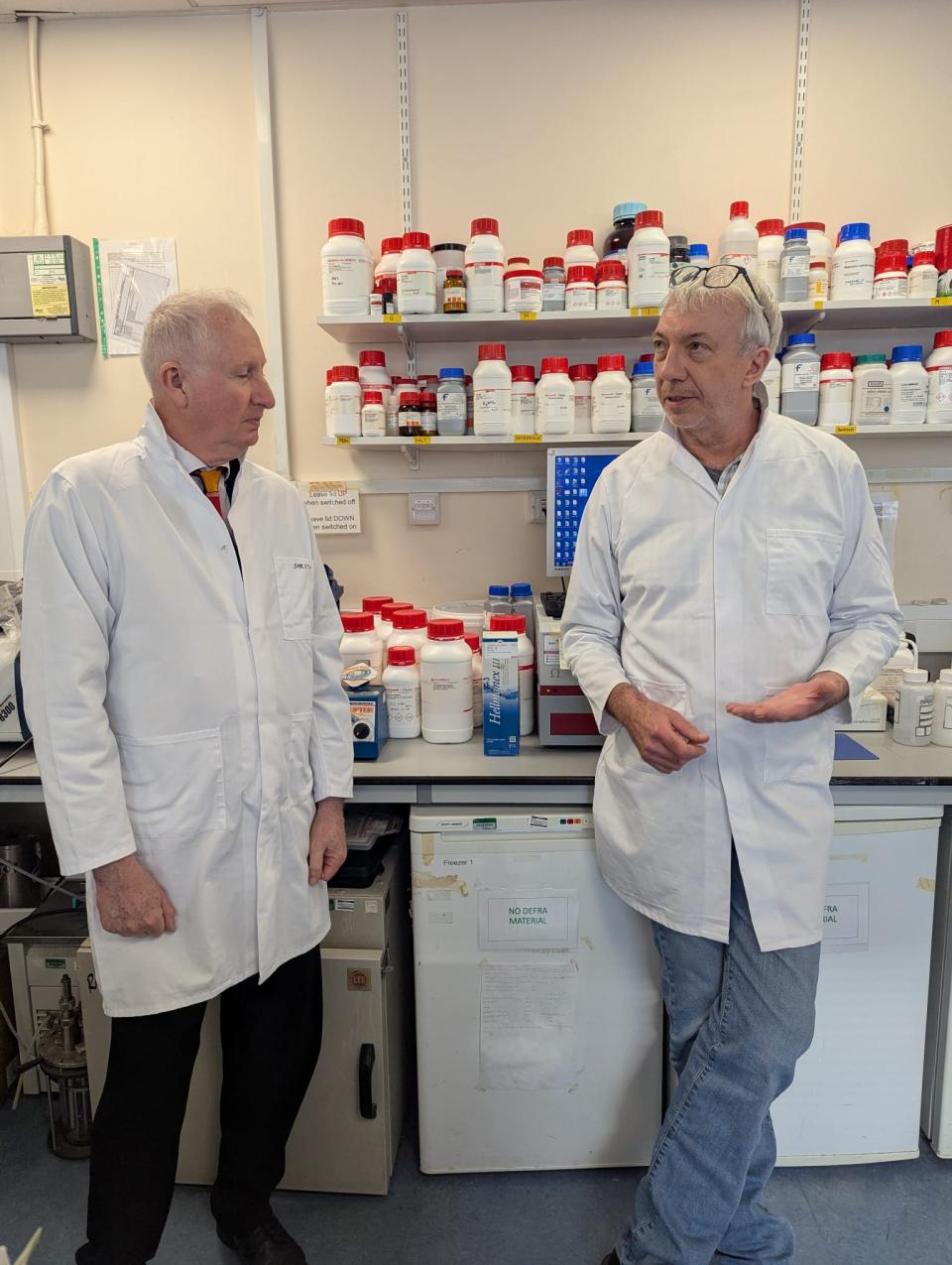 Daniel Zeichner, MP and Martin Welch in labcoats
