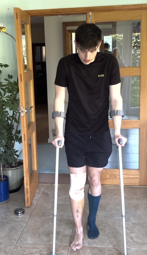 Henry on crutches
