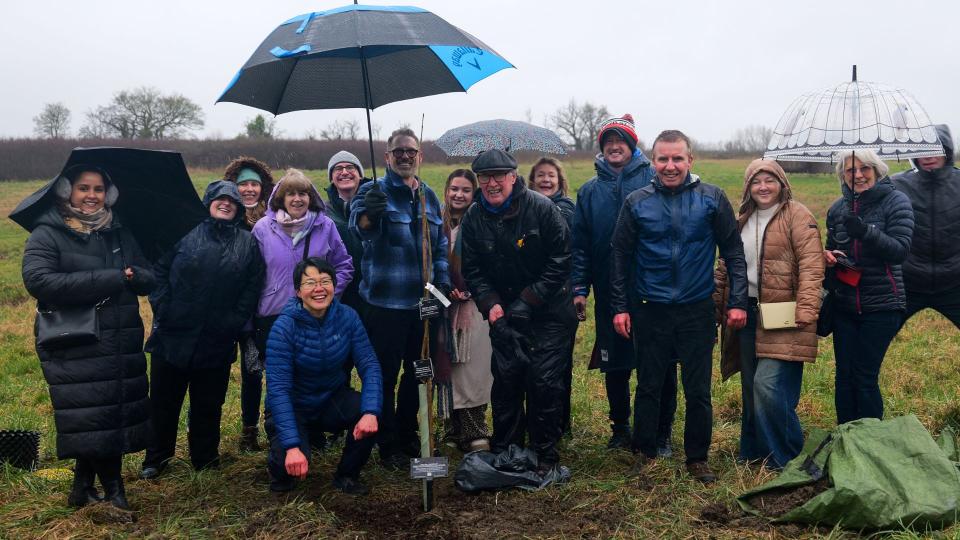 Clinicians, former colleagues, volunteers and relatives of patients around the sapling at the planting ceremony.