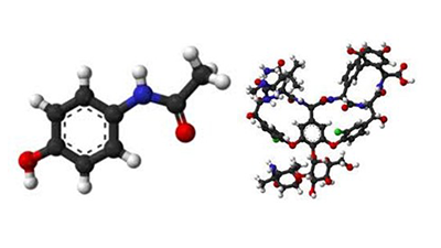 The chemical structures of paracetamol (left) and Vancomycin (right)