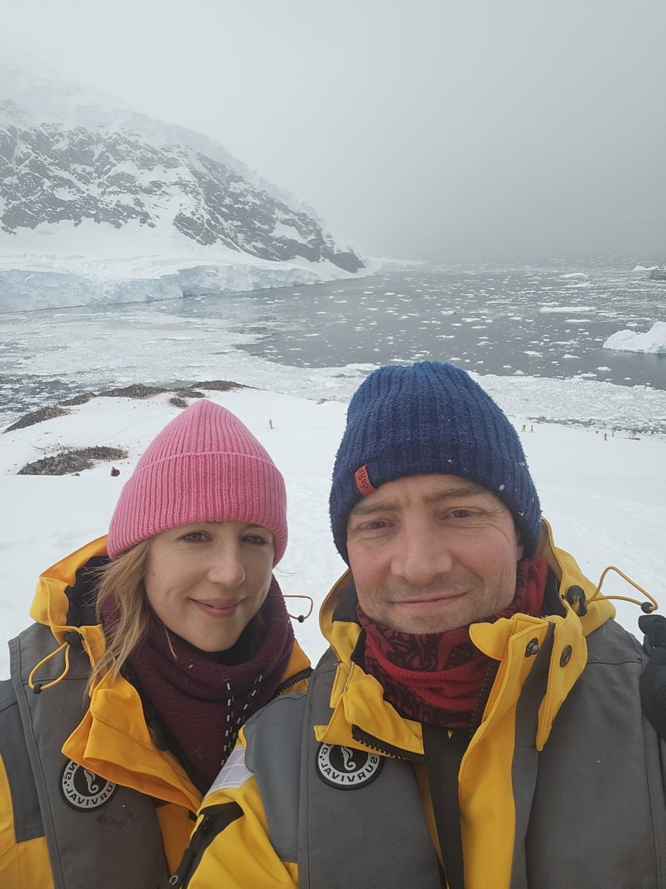 Chris and his wife take a selfie together in Antarctica