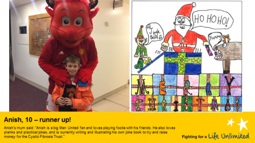 Anish and his Christmas Card design featuring santa and lots of brightly coloured presents