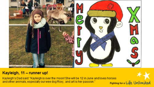 Kayleigh and her Christmas card design featuring a festivly dressed penguin