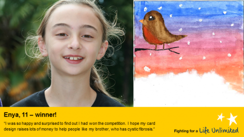 Enya and her winning Christmas card design, featuring a festive robin