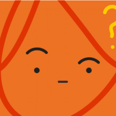 Orange graphic with confused black smiley face and yellow question marks