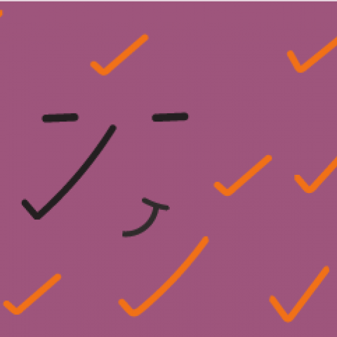 Purple graphic with a tick in a black smiley face, with orange tick graphics