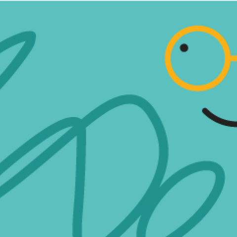Blue graphic with smiley face with yellow glasses