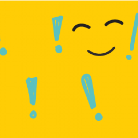 Yellow graphic with black smiley face and blue exclamation marks