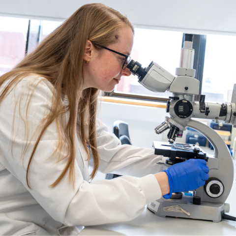 a scientist looking into a microscope