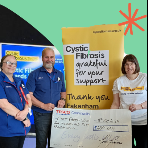 Richard Madeley presenting our 60th anniversary awards; overlaid with image of Sharon from our Fakenham branch accepting a giant cheque from Tesco