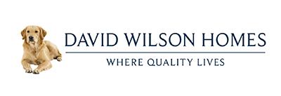 A logo that says the words 'David Wilson Homes', under that is a line and then the words 'Where quality lives'. There is an image of a golden retriever lying down next to the words.
