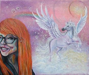A painting of a woman with red hair wearing black hexagonal glasses in front of a background of a unicorn and a rainbow.