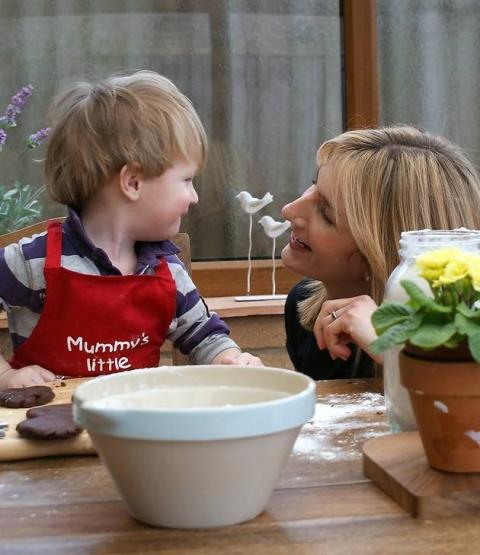An image of a woman and a little boy at a table. The little boy has fair hair and is wearing a red apron. The woman also has fair hair and is looking at him, smiling. The table has a mixing bowl on it and a pot of flowers.