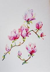 A painting of pink cherry blossoms on white paper