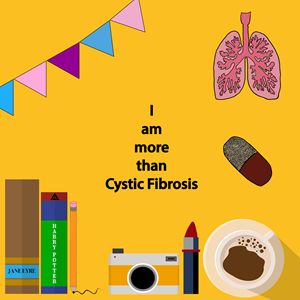 yellow adobe design with cartoon bunting, lungs, medicine, books and camera, with 'I am more than cystic fibrosis' written in middle