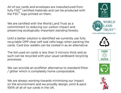 FSC, world land trust, recyclable, ecoflitter and UK made logos