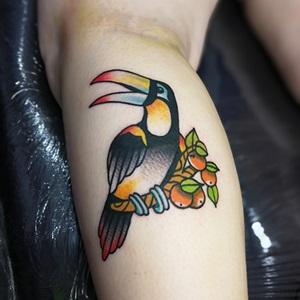 Callum's tattoo of a colourful toucan