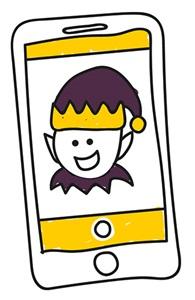An illustration of a mobile phone with an image of an elf wearing an elf hat on the screen.