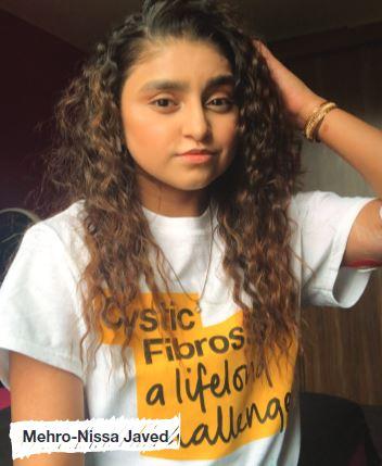 Mehro Nissa wearing a Cystic Fibrosis Trust t-shirt