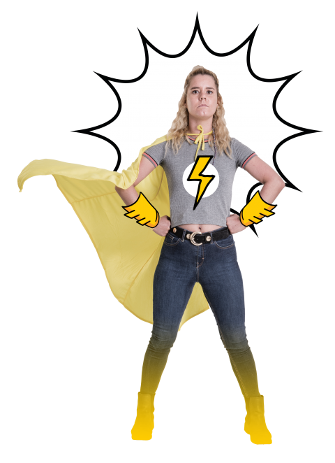 girl around 20s wearing yellow supehero cape, blonde hair, grey t-shirt with cartoon yellow lightening bolt, wearing dark blue jeans