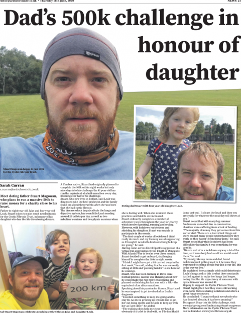 screenshot of a newspaper clipping titled 'Dad's 500k challenge in honour of daughter'