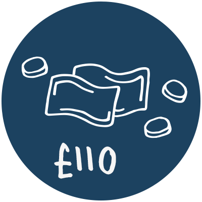 Illustration of money notes and coins with £110 written underneath