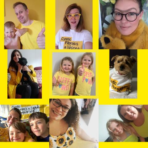 A collage of photos with happy people wearing yellow