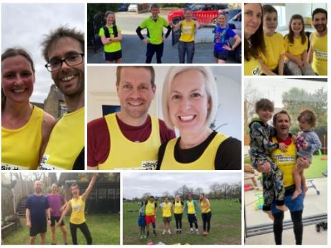 Collage of Sarah's friends running for the CF Trust, wearing CF Trust running vests