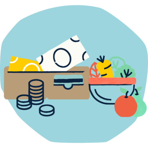 doodle of wallet and money plus essential food
