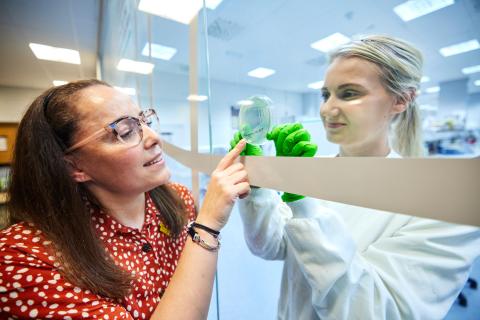 Photo of Sarah and Hollie looking at agar plates
