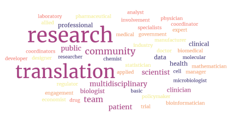 word cloud of different aspects of translational research activities