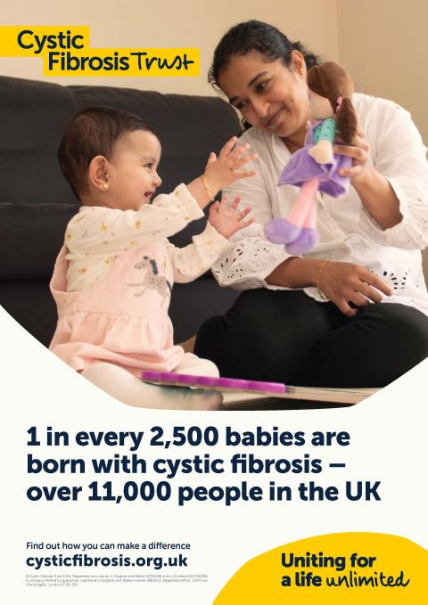 A poster featuring Dhyuti, a baby with CF, playing with her mum. Text reads: 1 in every 2,500 babies are born with CF – over 11,000 people in the UK