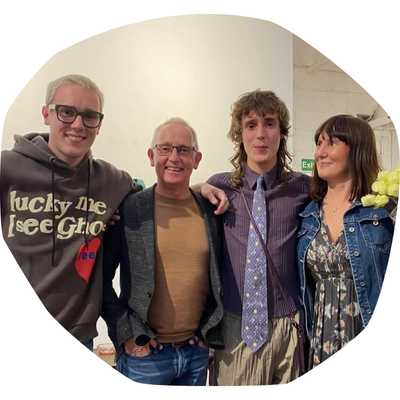 James (left), James’s dad, James’s twin brother (who also has CF), and their mum